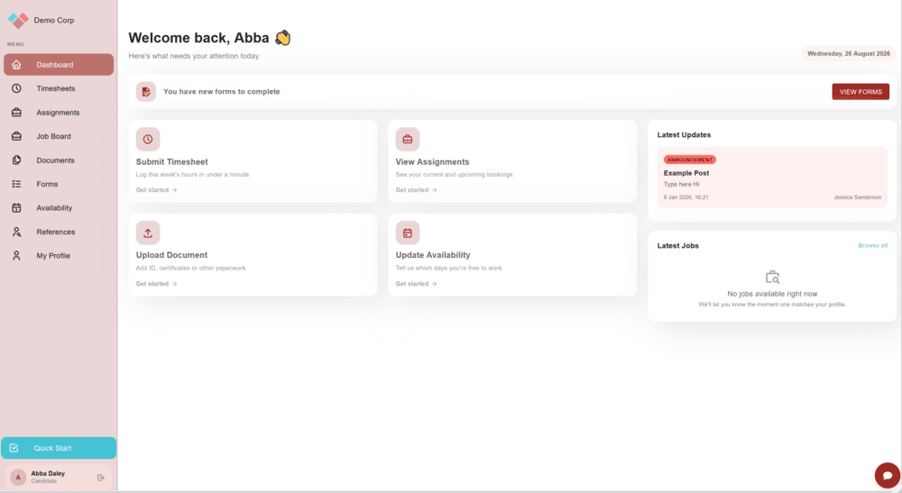 A candidate's TempAlly portal home screen showing waiting forms, timesheets, assignments, documents and availability actions