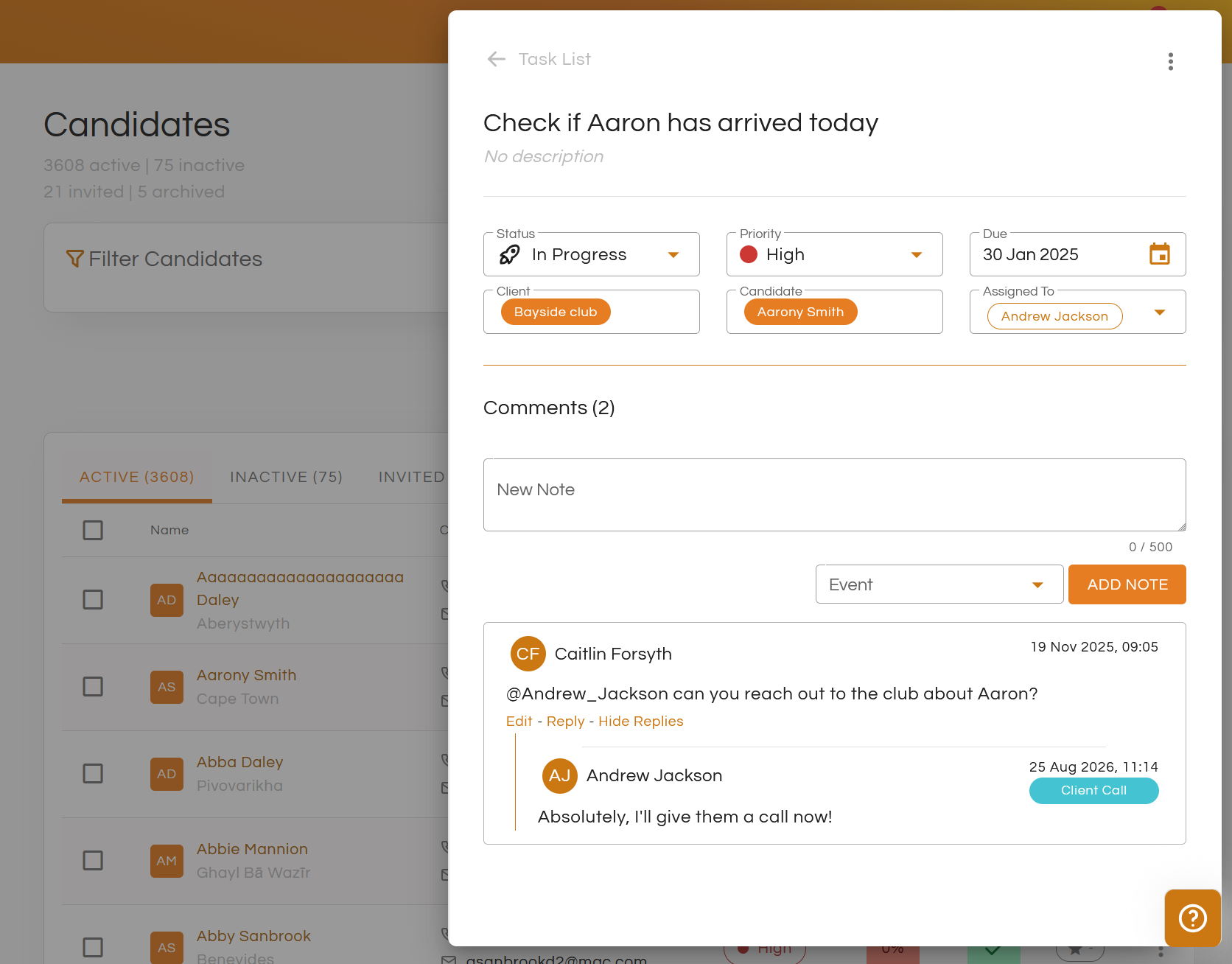 TempAlly task detail showing status, priority, due date, linked client and candidate, and a comment thread between consultants